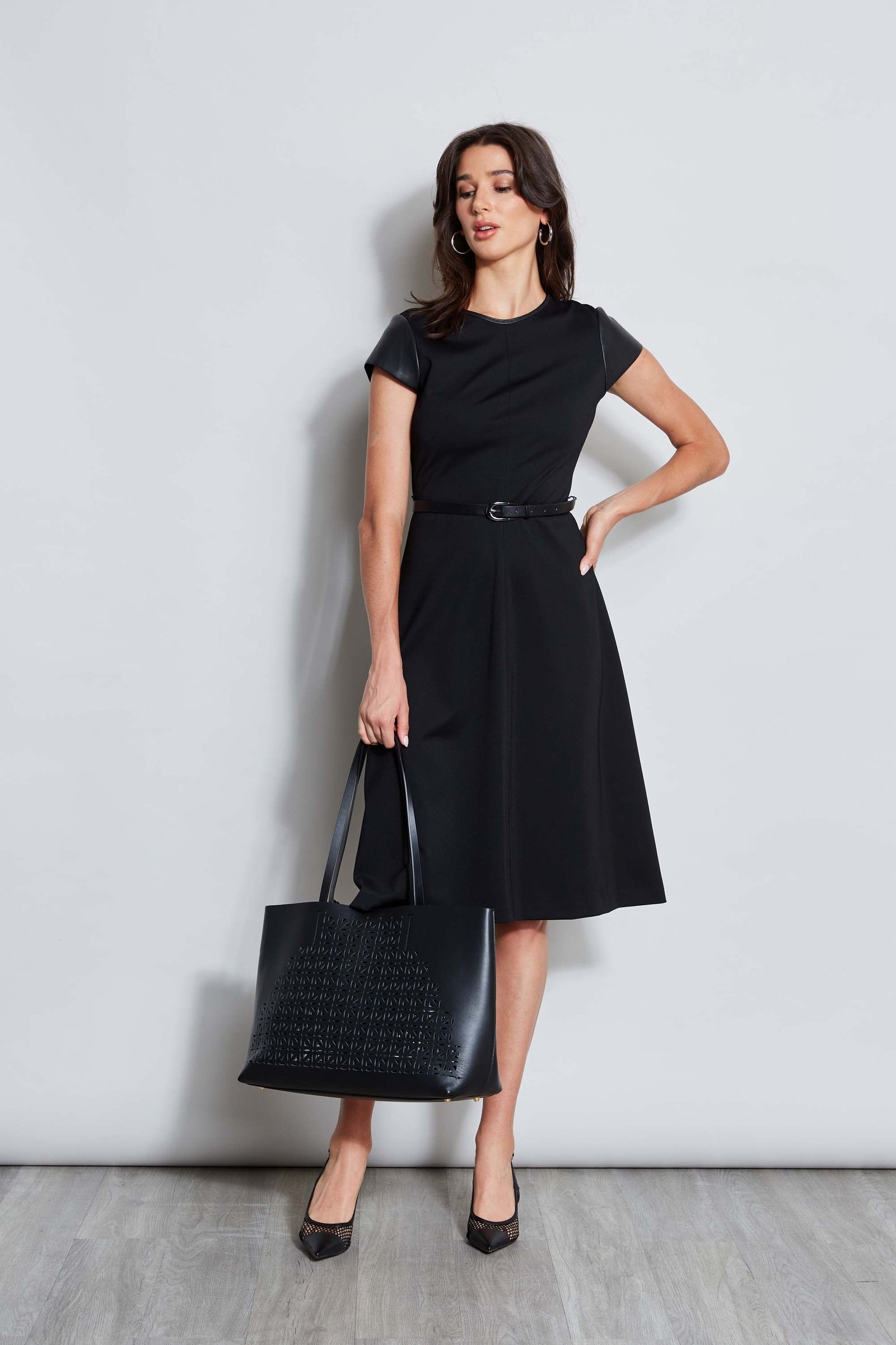 Vegan Leather Short Sleeve Belted Knit Dress