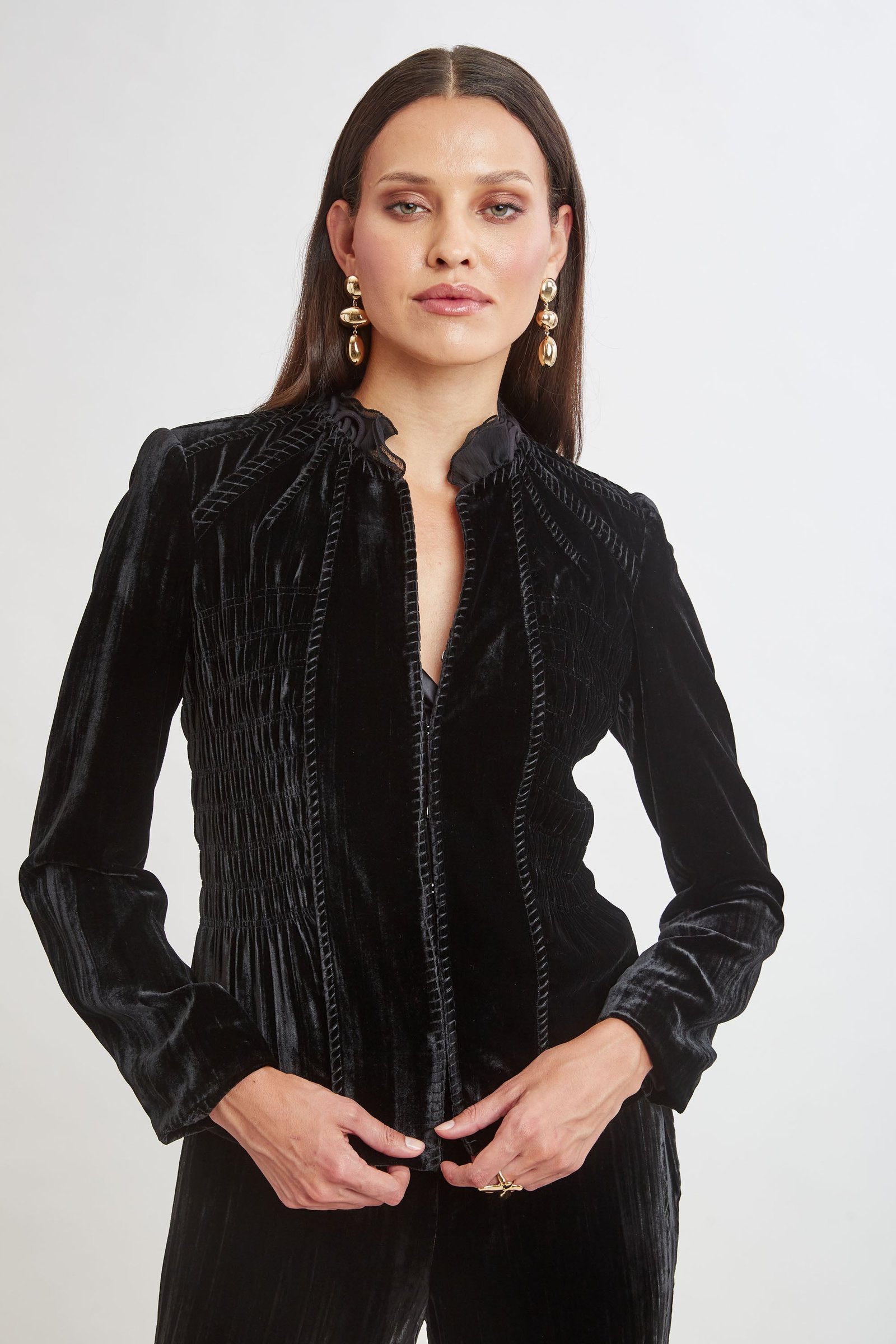 Plisse Velvet Embroidered Jacket